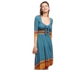 NWT Anthropologie Maeve Beloved Tie Front Dress in Blue Motif Sz L